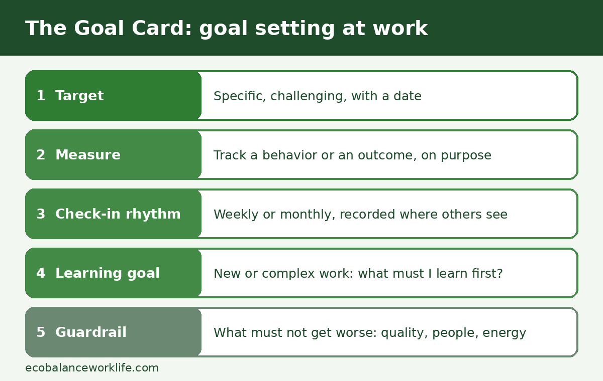 Goal card for goal setting at work showing target, measure, check-in rhythm, learning goal and guardrail