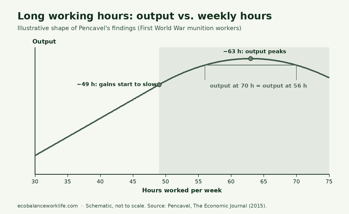 Chart of long working hours versus output, showing gains slowing after about 49 hours and peaking near 63 hours