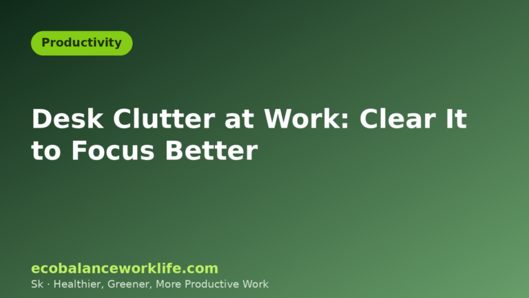Desk clutter at work: green title card about clearing your desk to focus better